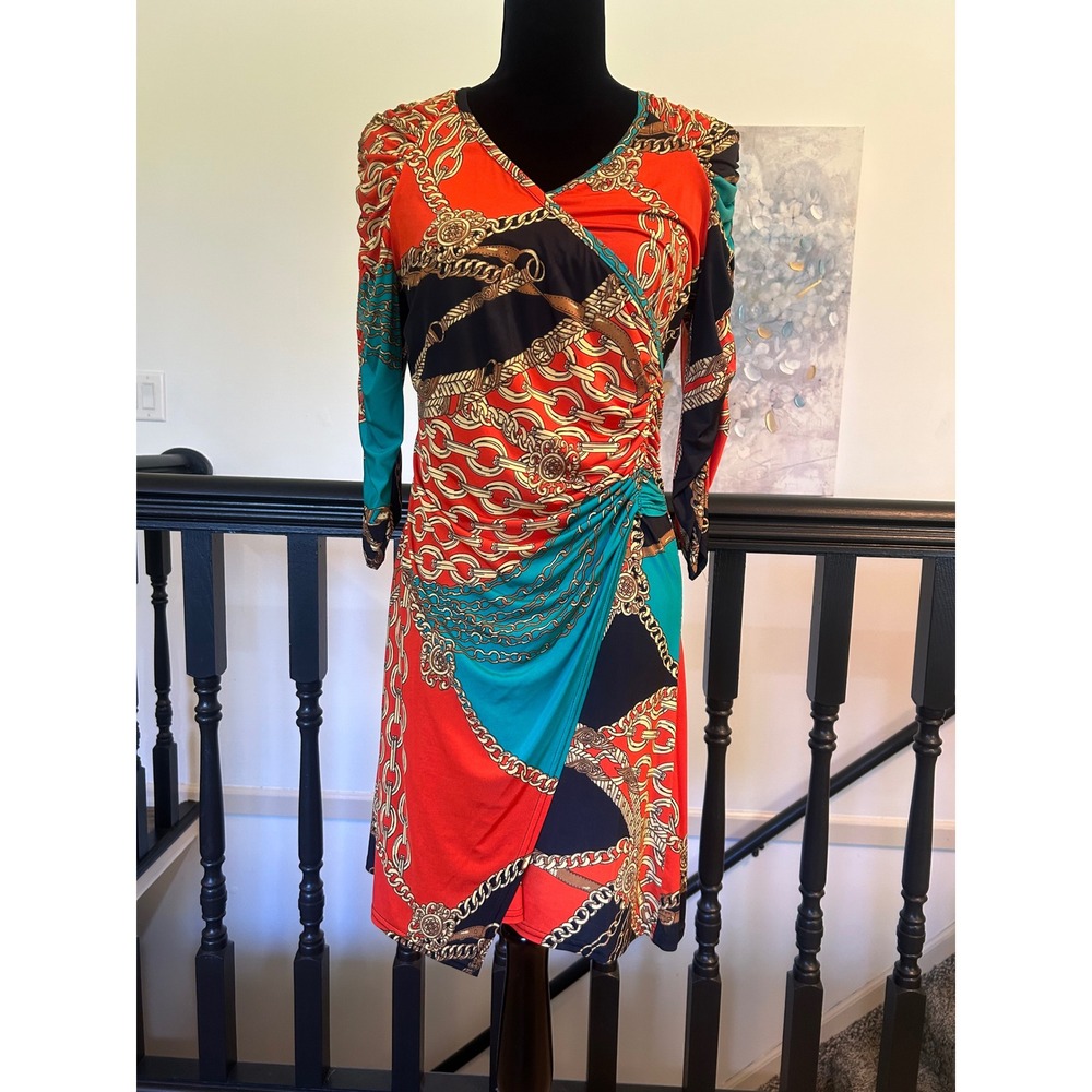 Cartise Women Red Teal Black Chain Scarf Print Faux Wrap Dress Size 10 Canada
